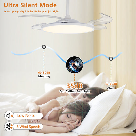 Retractable Ceiling Fans With Lights,42 Inch Ceiling Fan With Light And Remote Control,Flush Mount,DC Reversible,3CCT,Low Noise,White Ceiling Fan For Bedroom,Living Room,Kitchen,Indoor
