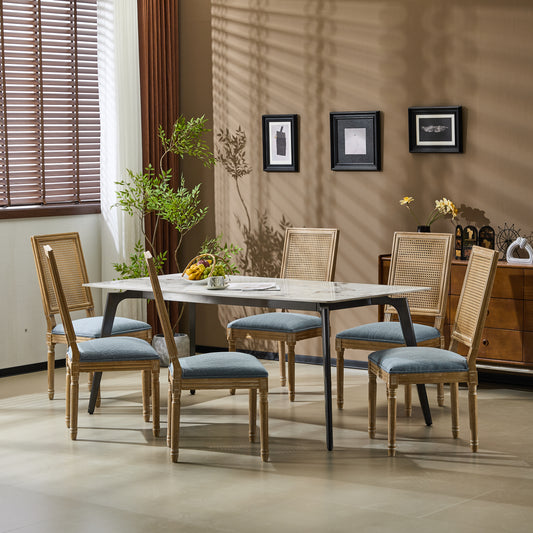 Set Of 6  French Country Dining Chairs - Elegant Cane Backrest & Upholstered Seats With Fluted Legs - Rustic Weathered Finish - Solid Rubberwood Frame - Vintage Inspired Kitchen & Dining Room Chairs