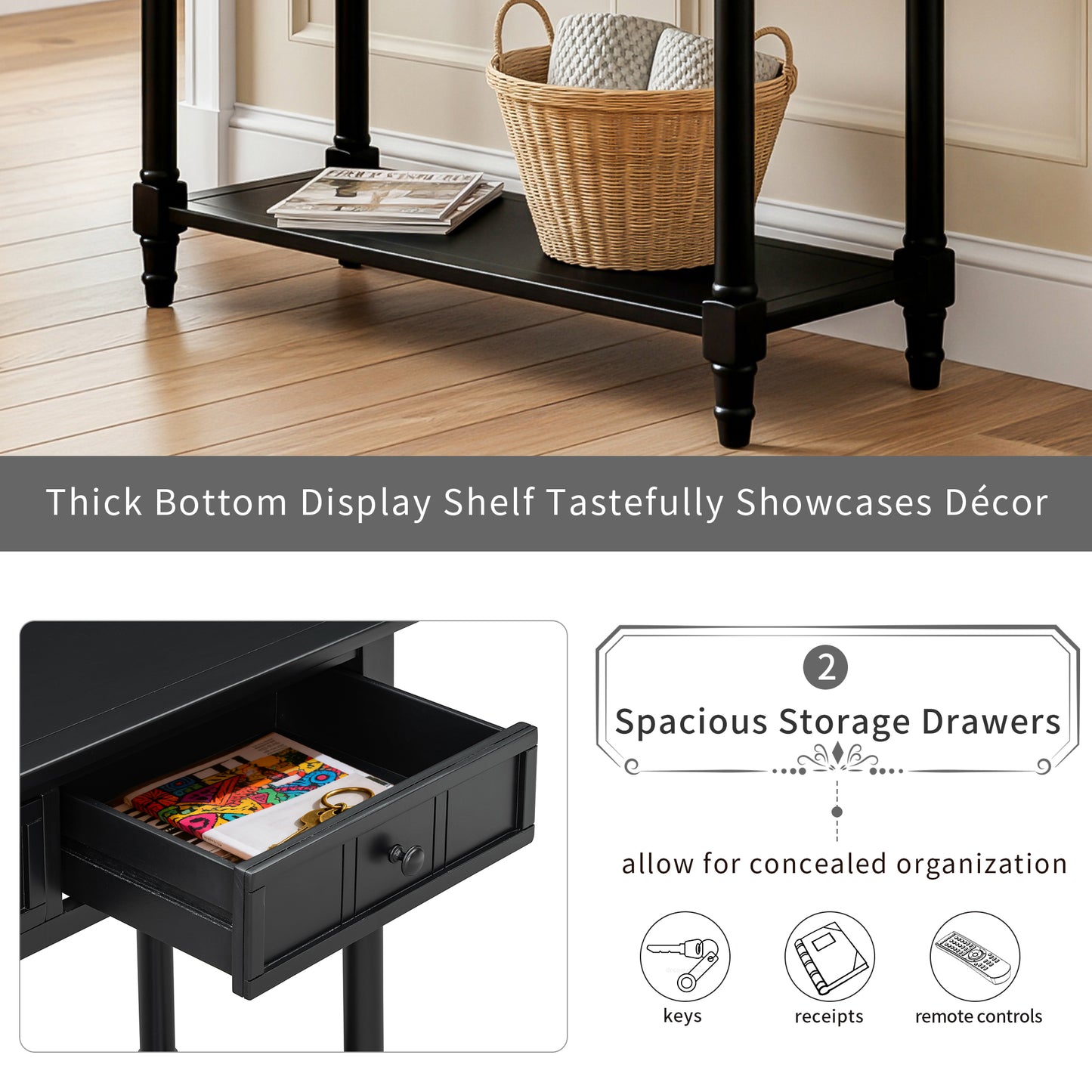 TREXM Daisy Series Console Table Traditional Design With Two Drawers And Bottom Shelf  Black