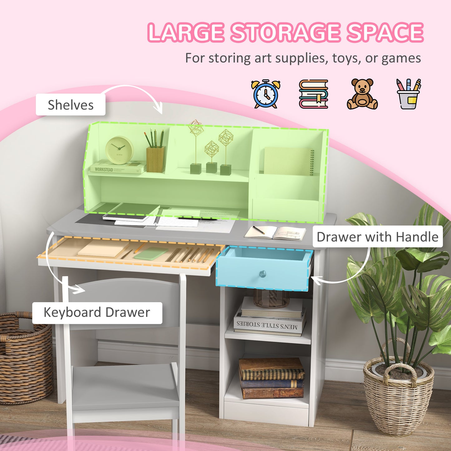 Kids Desk And Chair Set With Storage, Study Desk With Chair For Children 5-8 Years Old, Gray