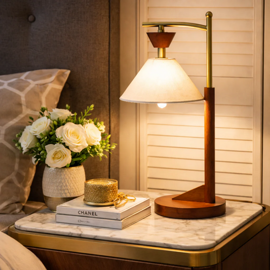 Bedside Bedroom Nightstand Desk Lamp Bedroom Study Lamps Wood Creative Lights Led Eye Protection Reading Living Room, Brown Solid Wood Base With Elegant Cone Linen Shade 110V