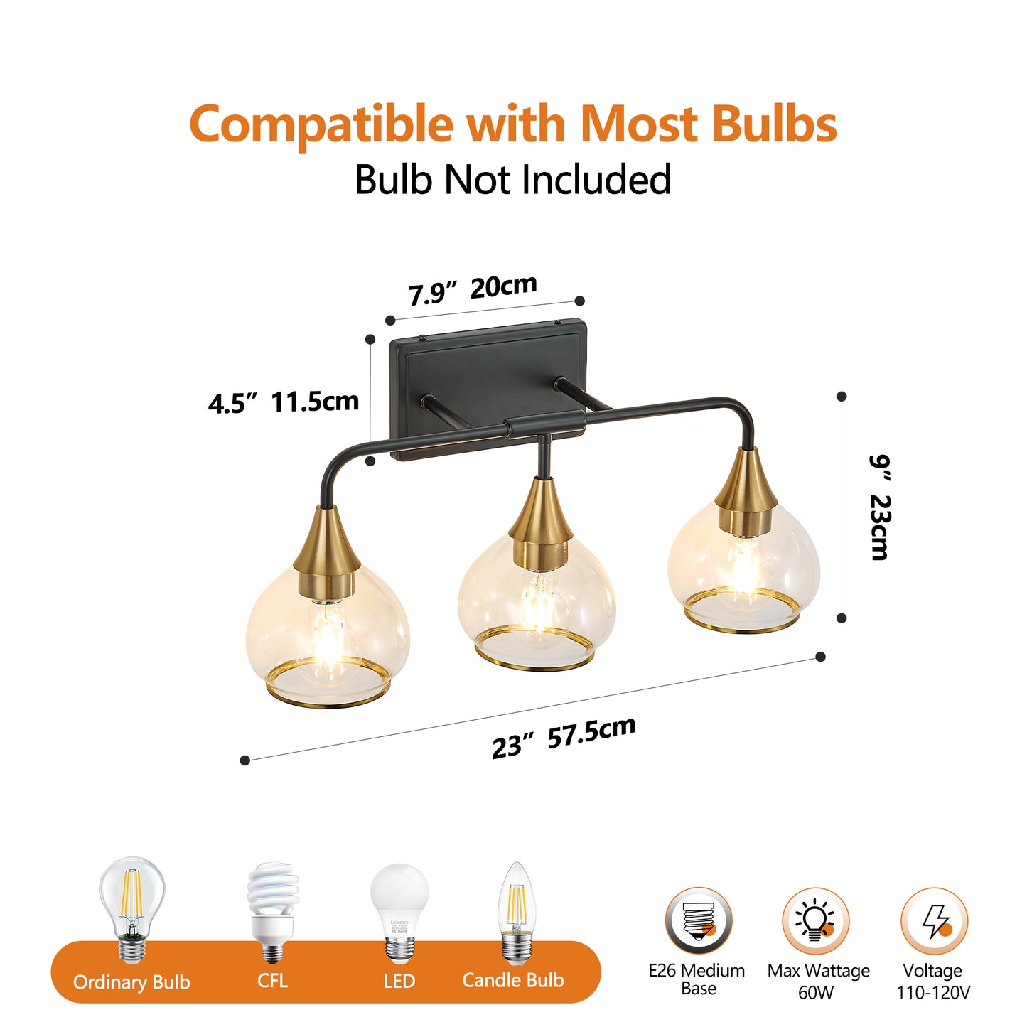 23in Modern 3-Light Vanity Wall Sconce - Black And Gold Bathroom Light Fixture With Clear Glass Shades, Industrial Wall Mounted Lamp For Mirror, Vanity, And Living Spaces Bulb Not Included