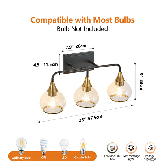 23in Modern 3-Light Vanity Wall Sconce - Black And Gold Bathroom Light Fixture With Clear Glass Shades, Industrial Wall Mounted Lamp For Mirror, Vanity, And Living Spaces Bulb Not Included