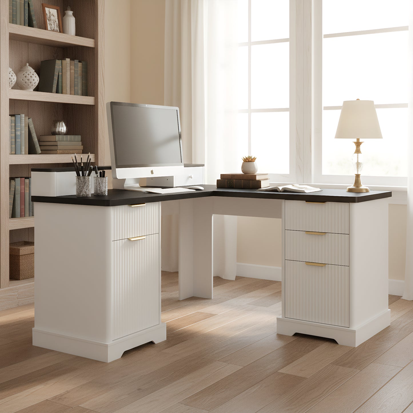 59 Modern Fluted L-Shaped Desk With Charging Station  Storage Cabinet - Home Office Computer Desk With Monitor Stand, File Drawer And Removable Support Shelf For Study, Home Office, White