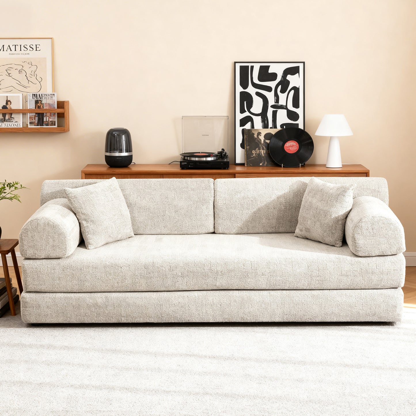 Convertible Sleeper Sofa Bed,two-tone Blended Boucle Fabric Folding Mattress Couch With Fixed-Shape Frame, Floor Sofa Lounge Couch For Living Room Bedroom Light