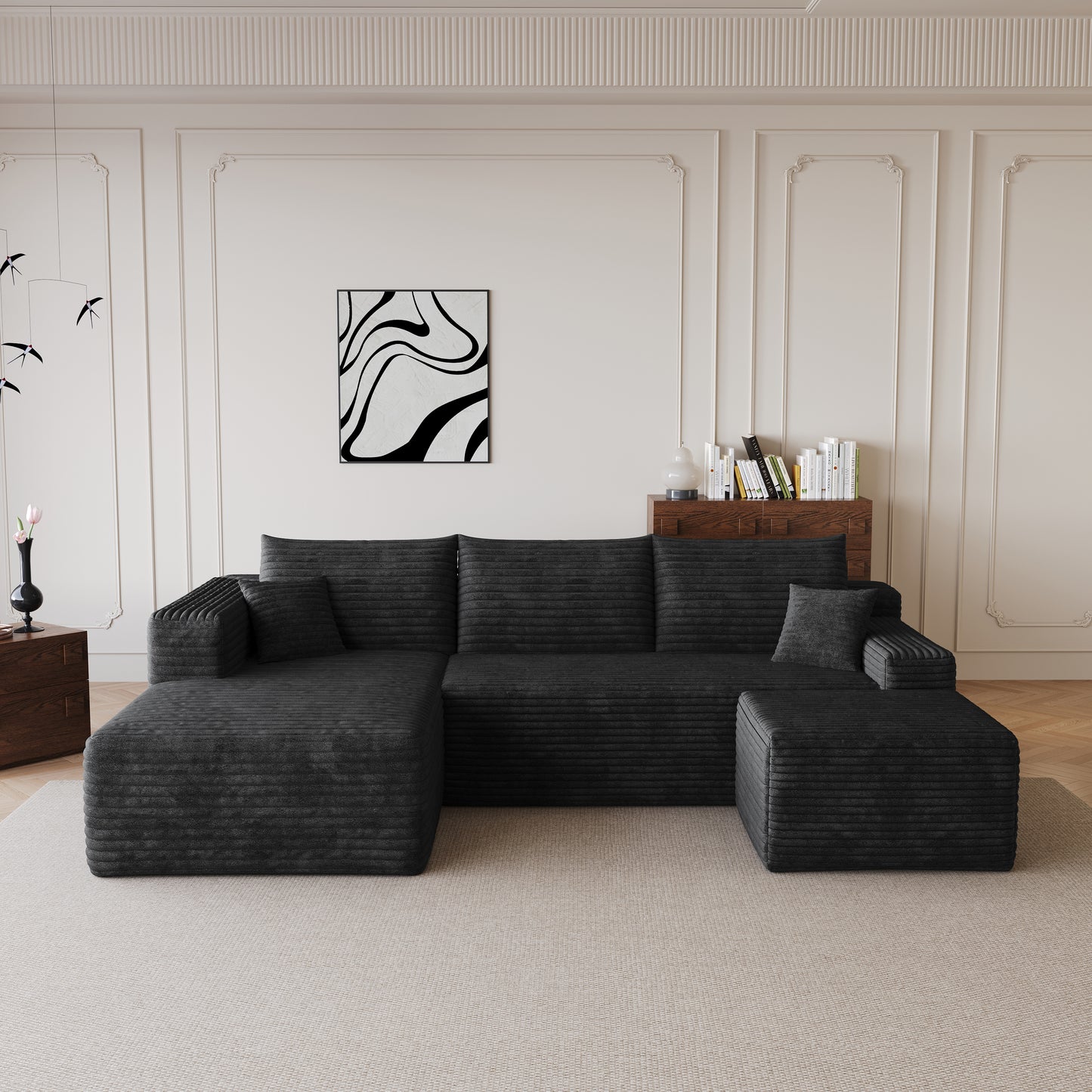 95  Cloud Sectional Sofa With 1 Ottoman,Modern Minimalist Upholstered Couches, Comfort U Shaped Sofa For Living Room,Deep Seat Corner Couch,No Assembly Required,Black  Plush Corduroy Fabric