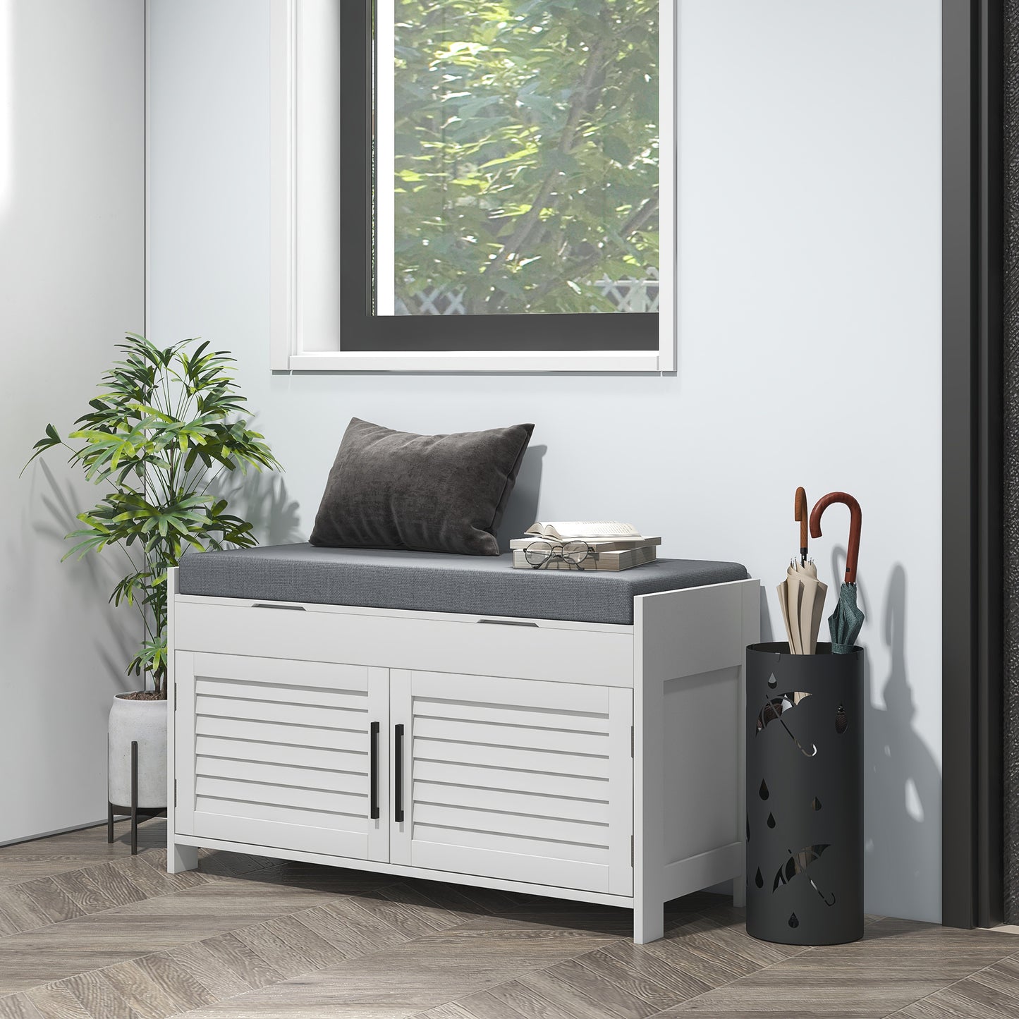Shoe Storage Bench, Modern Entryway Bench With Cushion, Hidden Compartments, Adjustable Shelves, Shutter Doors, White