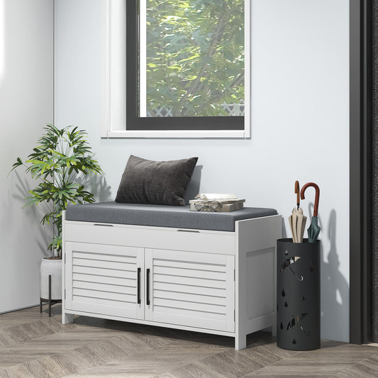 Shoe Storage Bench, Modern Entryway Bench With Cushion, Hidden Compartments, Adjustable Shelves, Shutter Doors, White