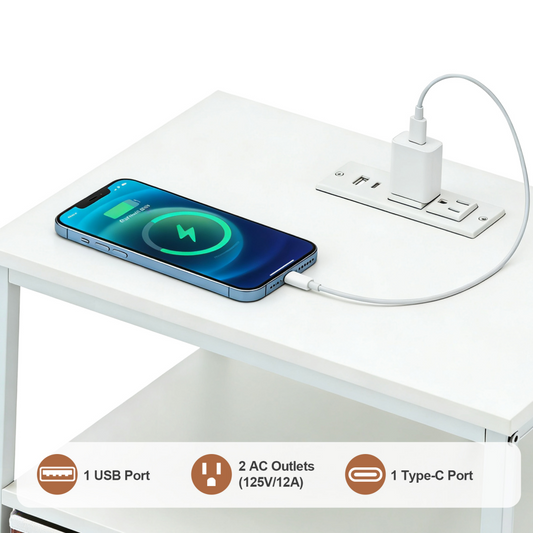 Bedside Table, With Built-in USB--C-type Port Sockets And Adjustable Drawers, 3-layer Storage Rack, And Fabric Drawers