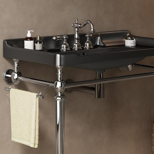 VICI 36 Bathroom Console Sink, Wall-Mounted Black Ceramic Vanity Basin With 3 Pre-drilled Faucet Holes, Freestanding Stainless Steel Support Legs With Towel Bar, No Faucet & Sink Cover, Chrome Color
