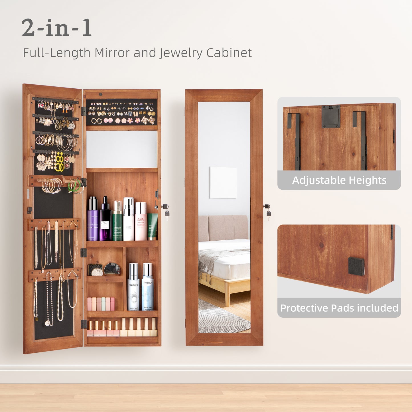 Solid Wood Jewelry Armoire Organizer Cabinet With Full-Length Mirror, 47.5x14.3 In Wall-Mounted Lockable With LED Light