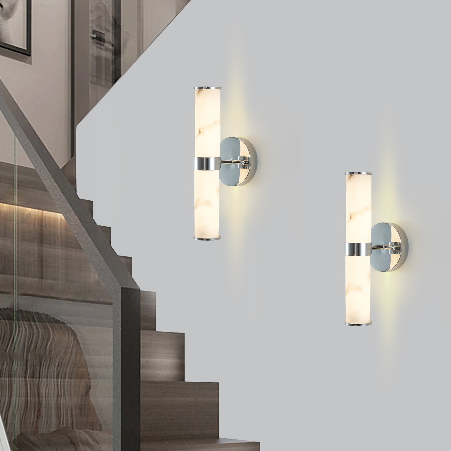 Resin Imitation Marble And Chrome Wall Sconce, Set Of 2,Modern Vertical Light Fixture For Bathrooms, Hallways, And Bedrooms Only Indoor