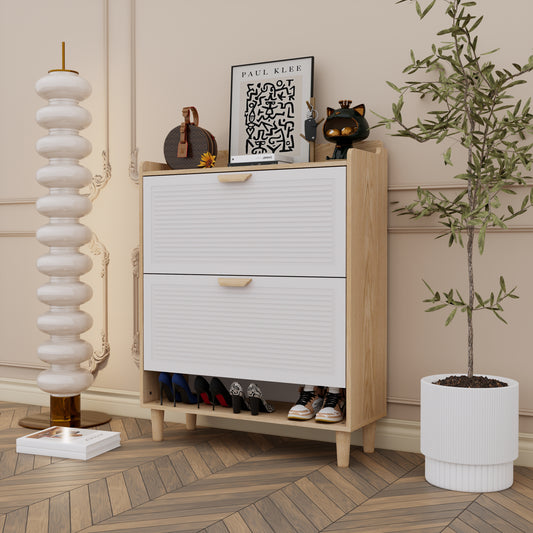 31.5 Inch Nordic Style Shoe Storage Cabinet With 2 Flip Drawers  Freestanding Organizer With Solid Wood Legs For Entryway  Narrow Shoe Rack Cabinet  White And Solid Wood Color Matched