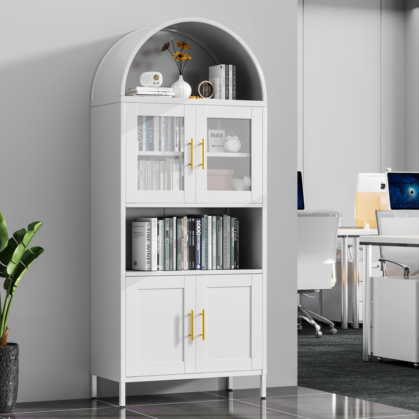73inch Tall Arched Kitchen Pantry Cabinet With Doors, Metal Arched Hutch Cabinet For Kitchen, Dining Room, Living Room, Assembly Required, White