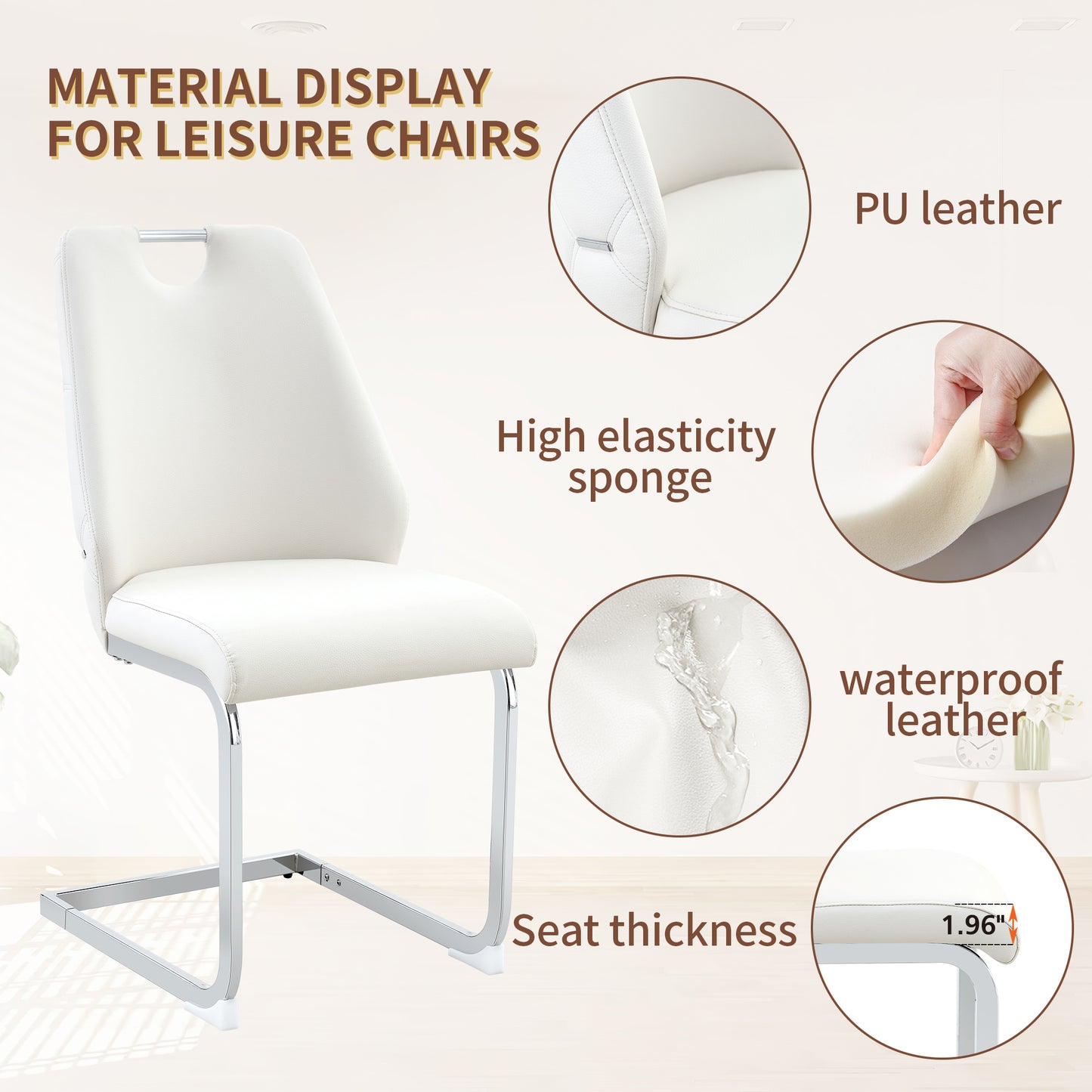 Dining Chairs Set Of 2, White Faux Leather Kitchen Chairs With Gold Mesh Texture, Silver Back Ring And Chrome Pull Handle, High Back Upholstered Dining Room Chair   White, Set Of 2