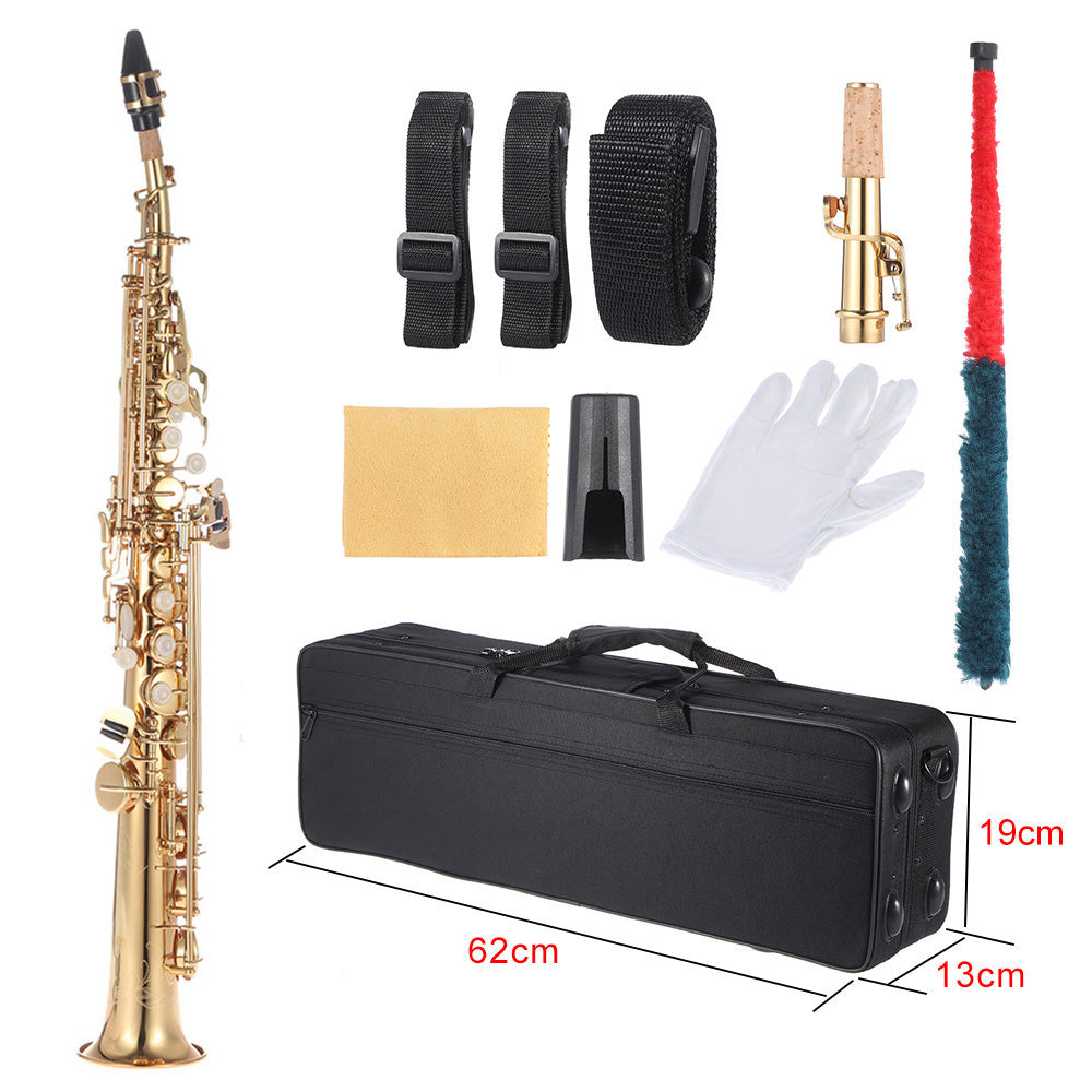 Brass Straight Soprano Sax Saxophone Bb B Flat Woodwind Instrument Nature Shell Key Carve Pattern With Carrying Case Gloves Cleaning Cloth Straps Cleaning Rod