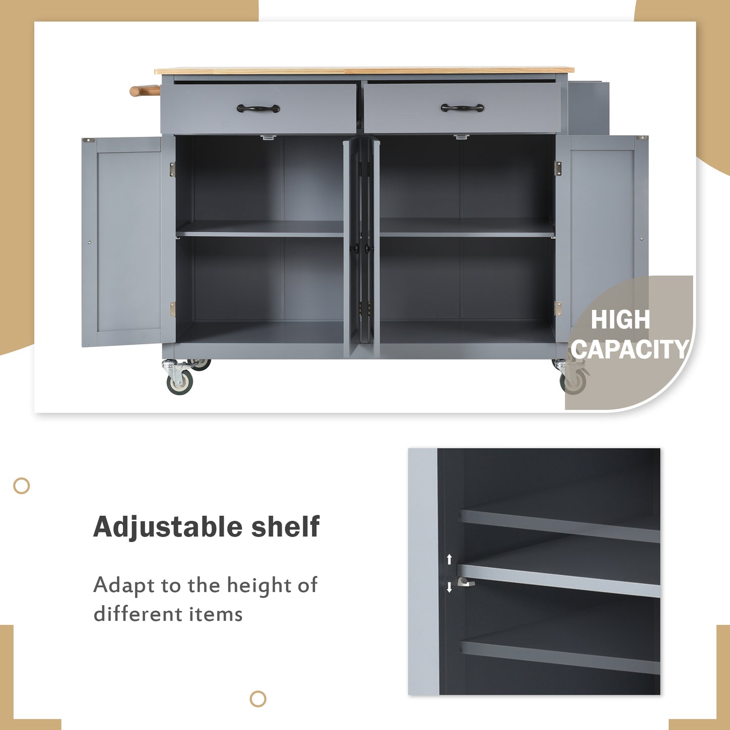 Kitchen Island Cart With Solid Wood Top And Locking Wheels,54.3 Inch Width,4 Door Cabinet And Two Drawers,Spice Rack, Towel Rack  Grey Blue