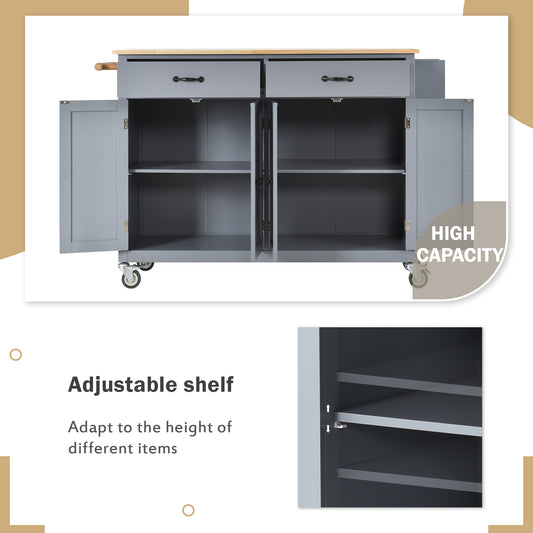 Kitchen Island Cart With Solid Wood Top And Locking Wheels,54.3 Inch Width,4 Door Cabinet And Two Drawers,Spice Rack, Towel Rack  Grey Blue