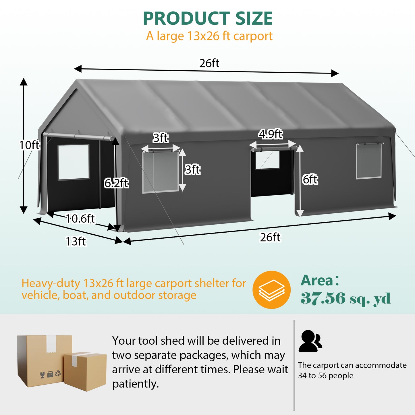13x26 FT Heavy Duty Carport Canopy With 2 Roll-Up Doors   1 Side Door, Removable End Walls & Windows, All-Weather Portable Garage Shelter For Car, Truck, Boat, Vehicle