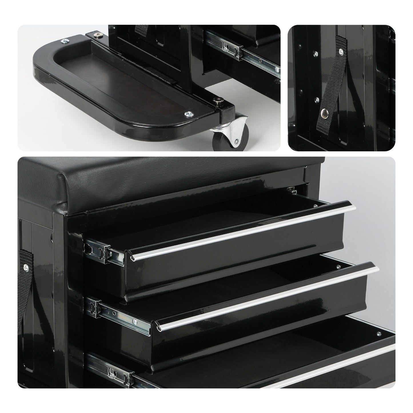 3-Drawer Tool Chest Rolling Mechanic Seat With Tool Trays,350lbs Max Weight Capacity,Black
