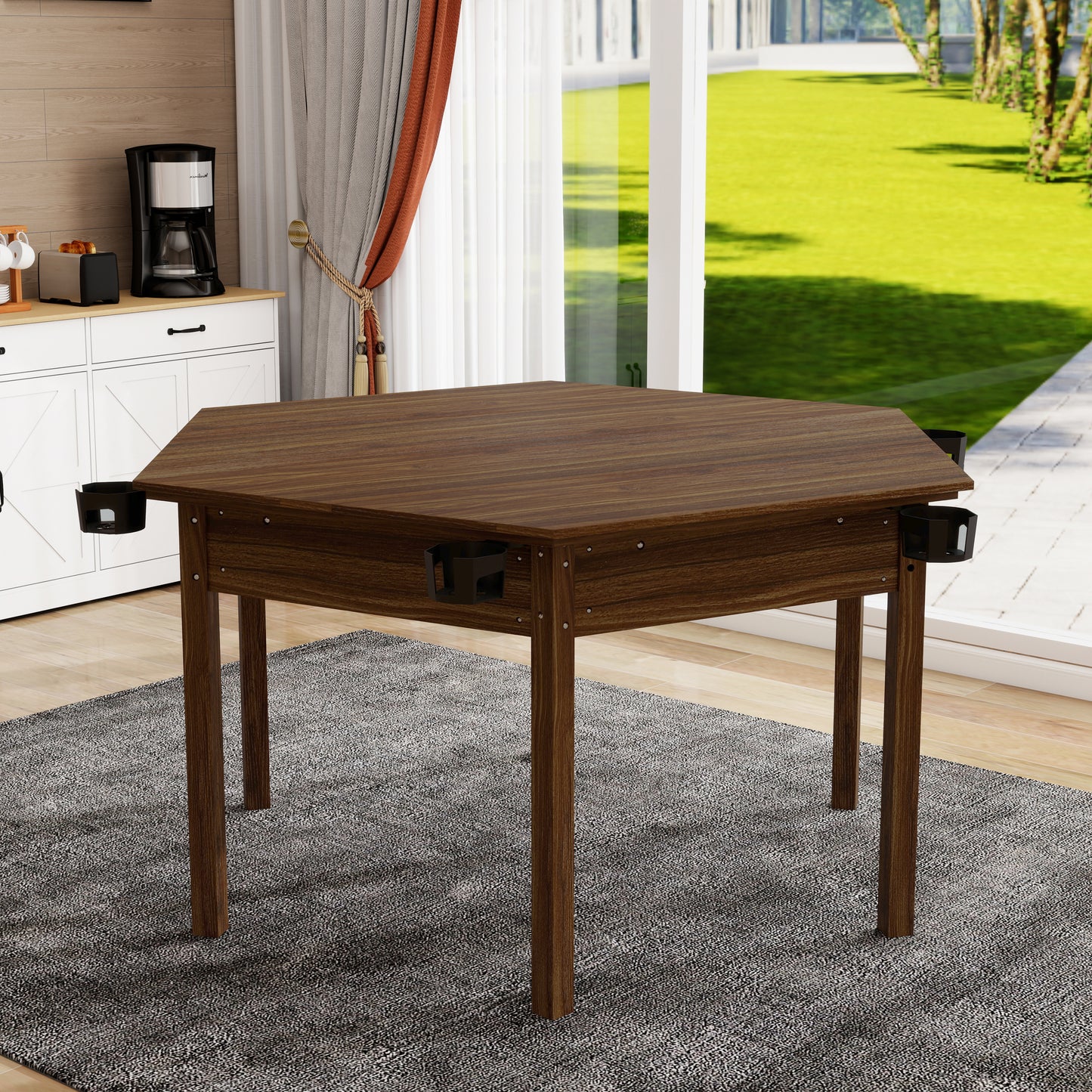 Board Game Table With Removable Table Top For 6 Players, Hexagon Gaming And Dining Table With Solid Wood Legs, Non-Slip Play Mat, Rotating Cup Holders-Rustic Brown