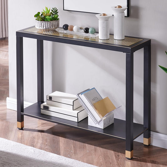 Glass Entryway Table, 2-Tier Entry Way Console Entrance Table, 41L Narrow Sofa Table With Shelves, Ideal For Hallway, Entryway, Living Room, Foyer, Corridor, And Office Gold  Black