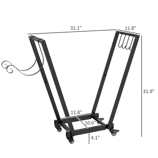 Firewood Rack With Wheels, Metal Log Holder With Kindling And Tool Hooks, Indoor/Outdoor, 31.1" X 11.8" X 31.9", Black