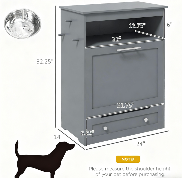 Pet Feeder Station Storage Cabinet, With Dog Raised Bowls, Gray