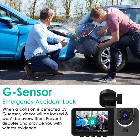 3 Channel Dash Cam Front Inside Rear Vehicle Driving Recorder Car DVR With 32G MMC Card G Sensor Motion Detection Parking Monitor Night Vision Loop Recording