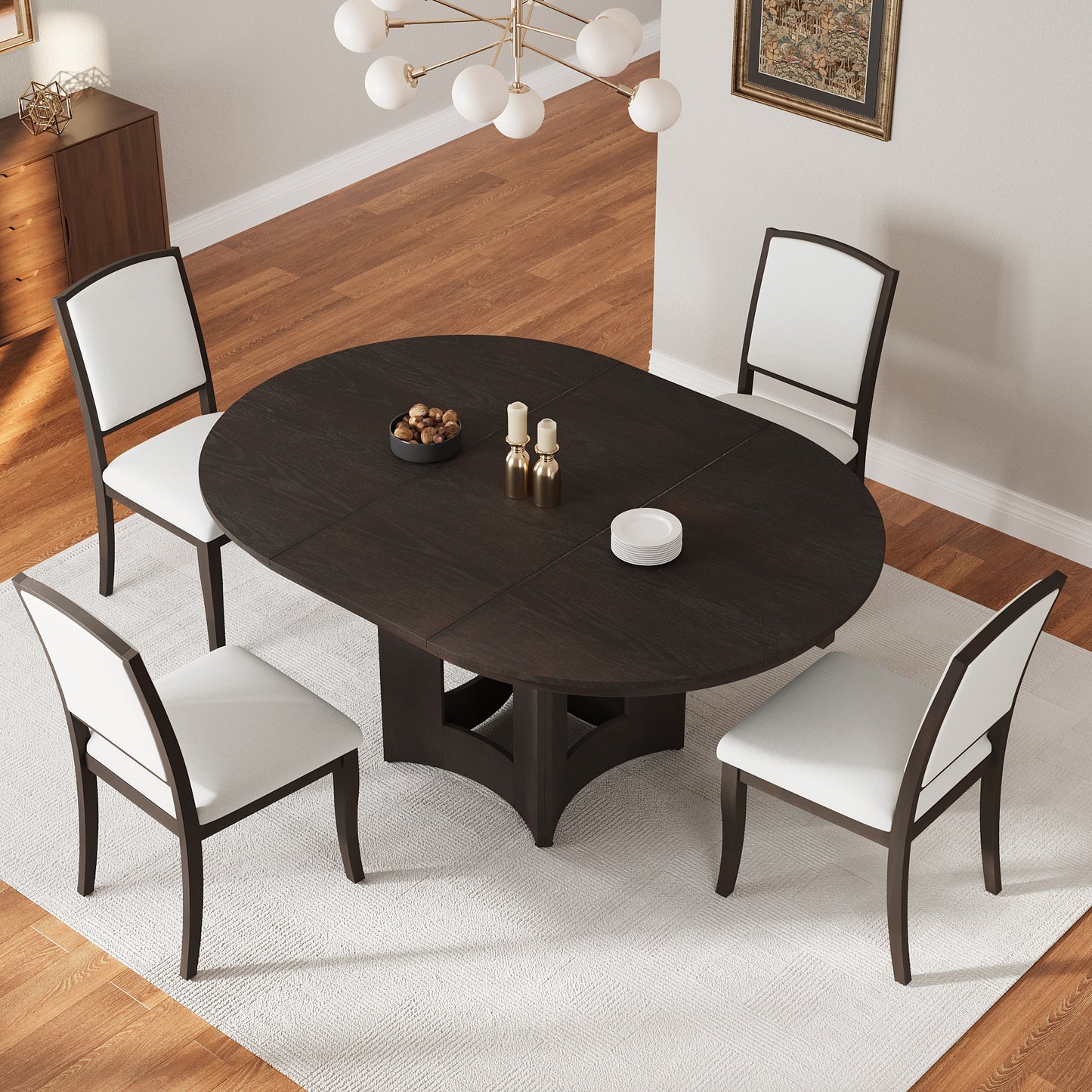 TOPMAX Farmhouse Extendable Round Dining Table Set For 4, 5-Piece Kitchen Table Set With 4 Upholstered Chairs And 16inch Removable Leaf For Small Places, Espresso Beige