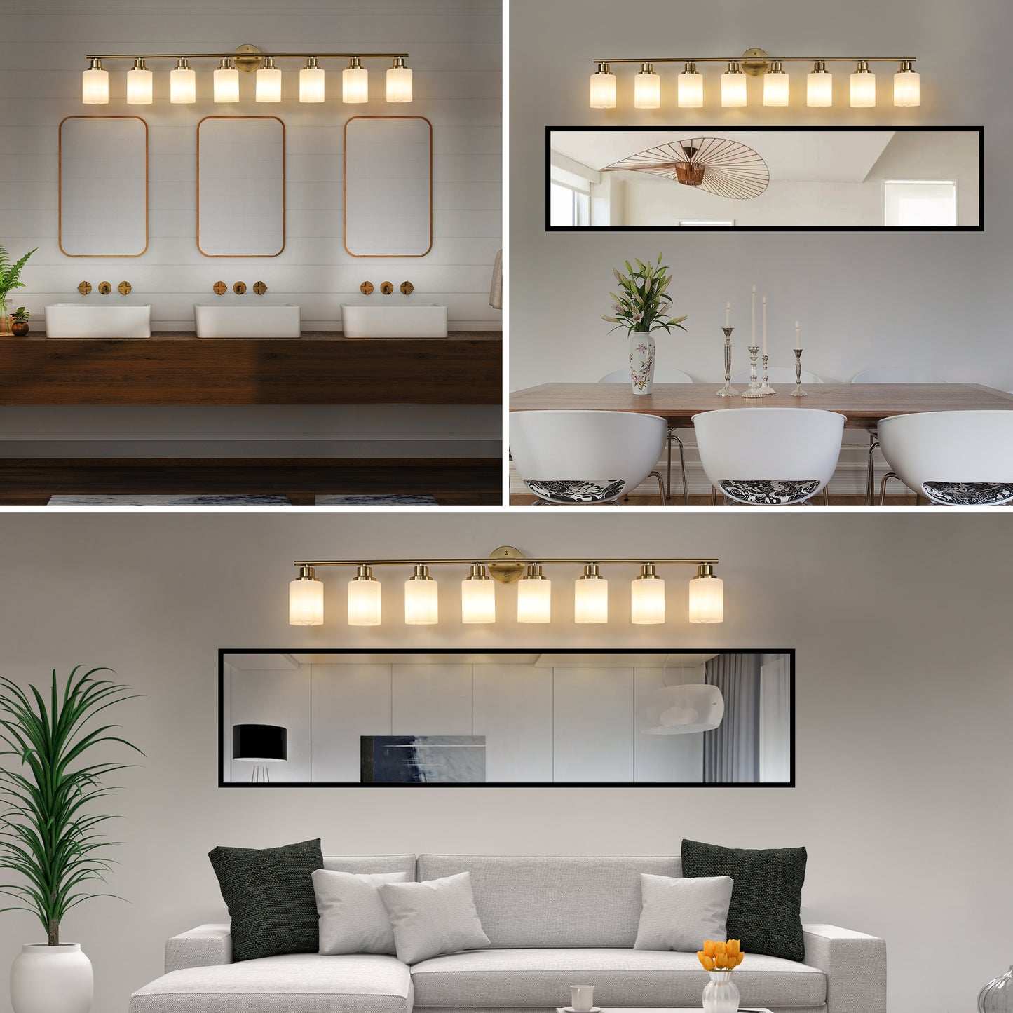 52  Modern 8-Light Vanity Wall Sconce, Golden Finish With Frosted Glass Shades For Bathroom Or Hallway Lighting  No Bulbs