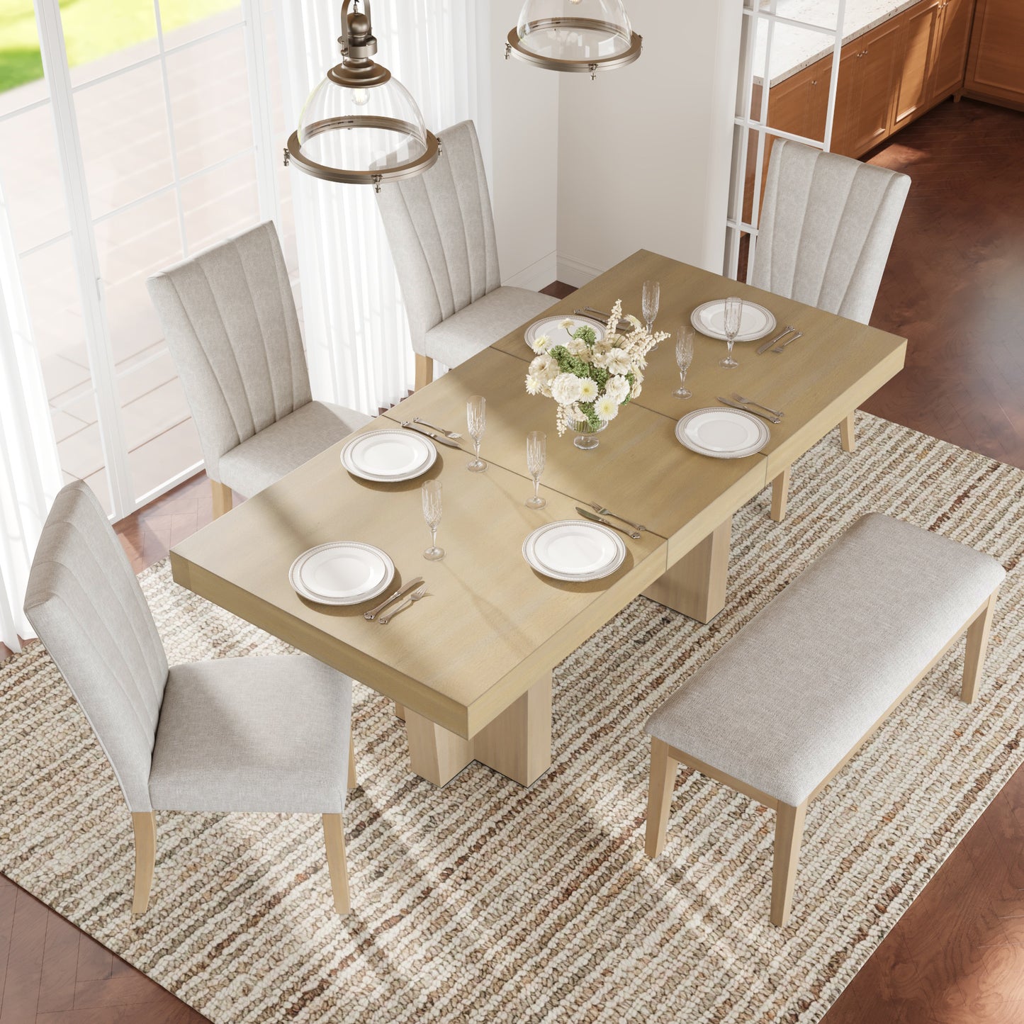 TOPMAX Farmhouse 78.1inch Extendable Wood Dining Table Set For 6, Kitchen Table Set With Bench And 4 Upholstered Chairs,3.8inch Thick Tabletop And Trestle Legs For Kitchen, Dining Room, Natural Beige