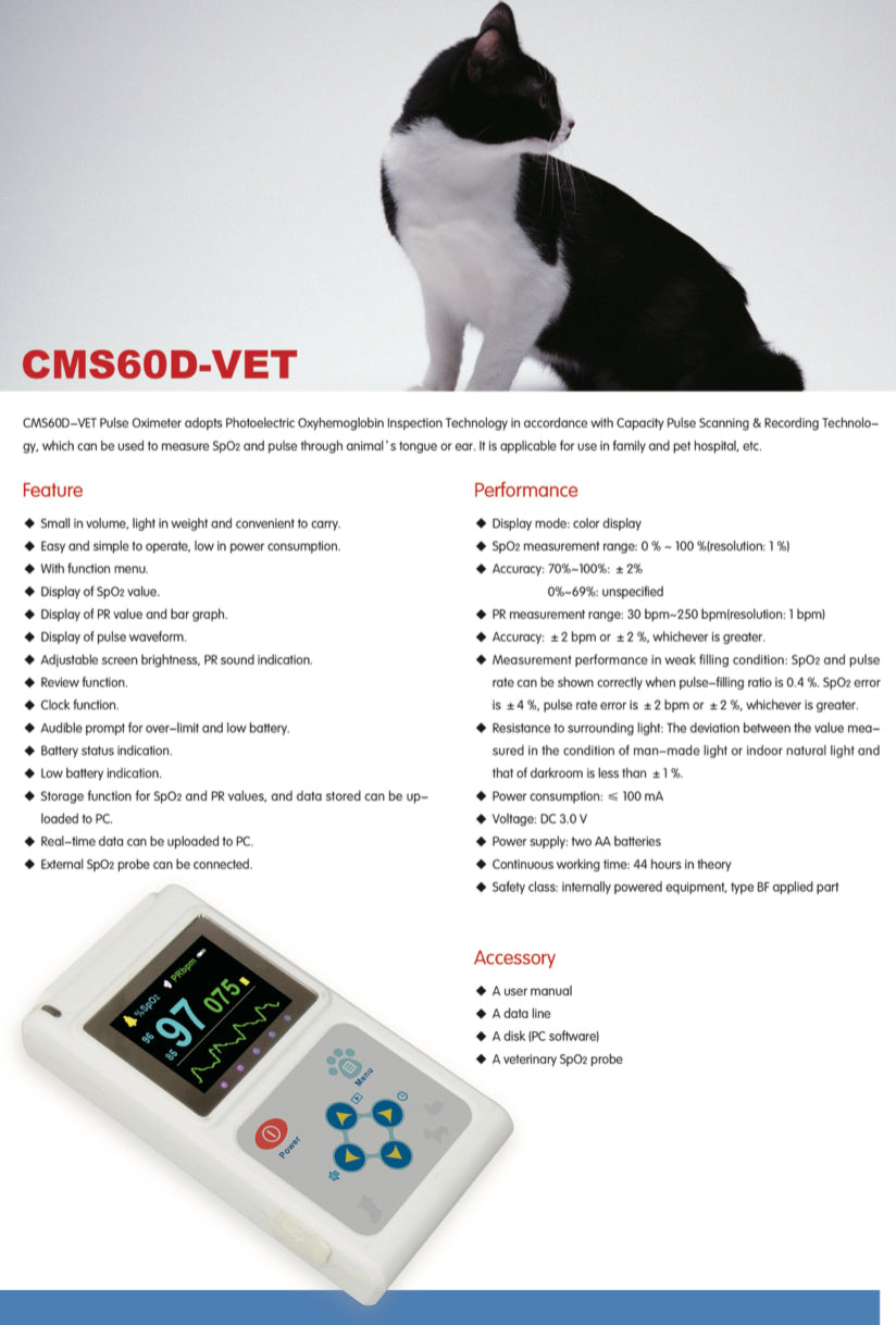 Veterinary Color Display CMS60D-VET Pulse Oximeter Spo2 Probe PR VET Monitor