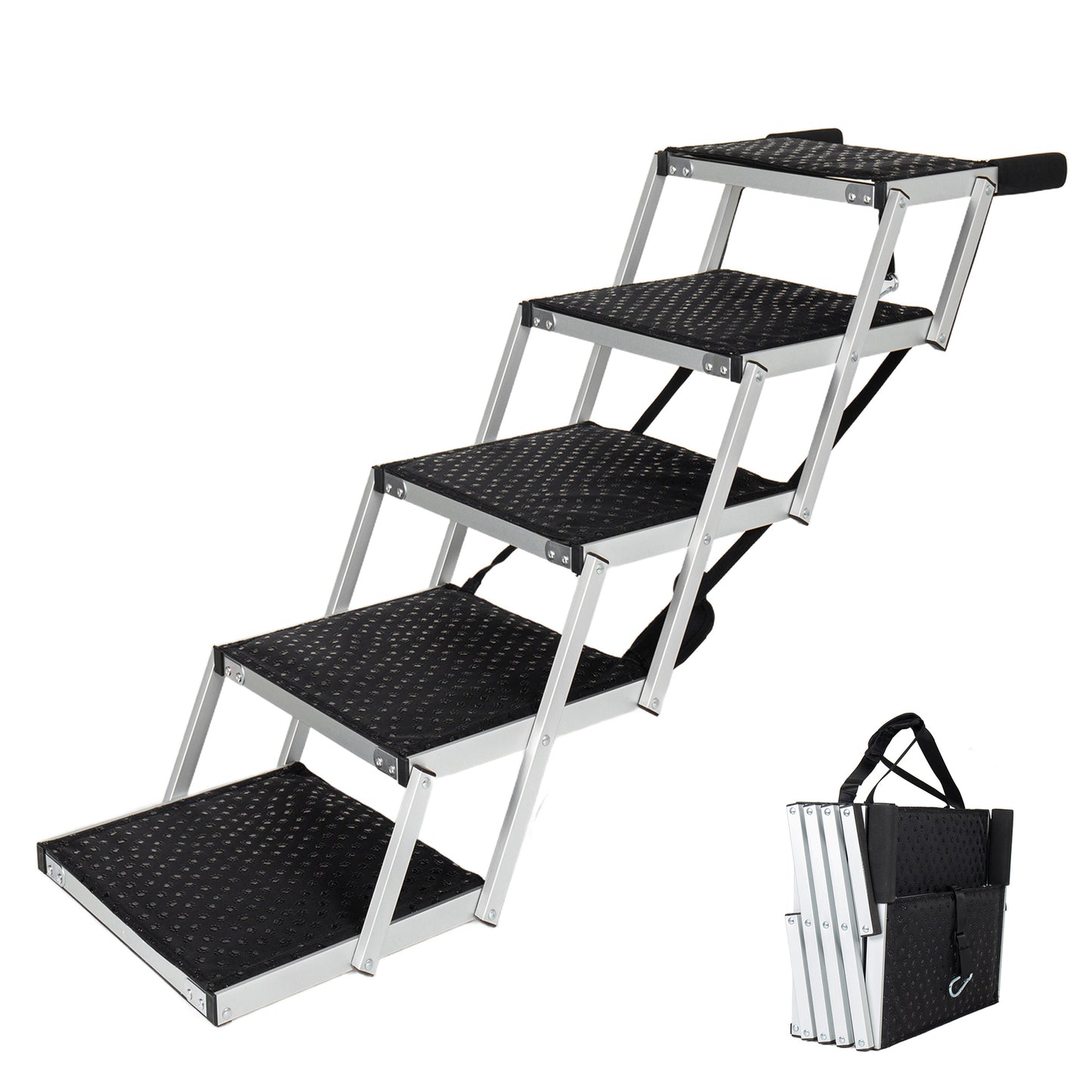 Aluminum Frame Foldable Dog Stairs, 5 Steps Heavy Duty Pet Ramp With Non Slip Surface And Soft Foam Handle, Dogs Stairs For Cars, High Beds, Truck, Supports Up To 250 Lbs