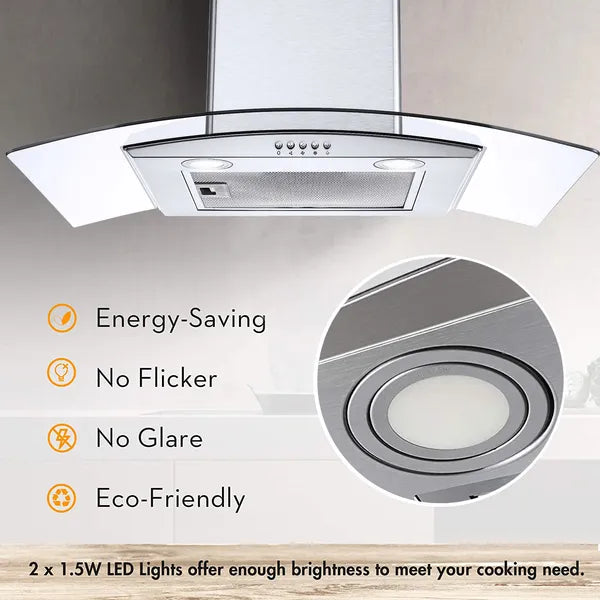 30" Wall Mount Range Hood 450CFM Tempered Glass Vented 3-Speed Fan W/LEDs