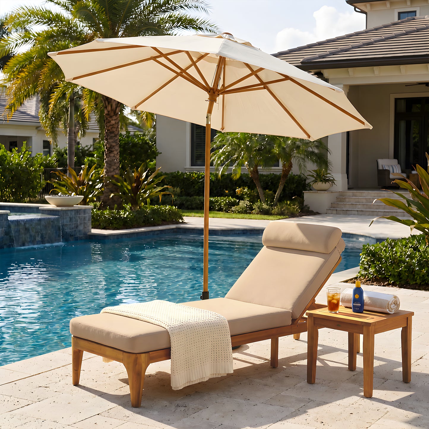 TOPMAX Acacia Wood Chaise Lounge, Outdoor Sun Lounge Chair, Patio Recliner With Adjustable Backrest And Head Pillow For Poolside, Backyard, Garden, Indoor&Outdoor, Set Of 2, Coffee Brown