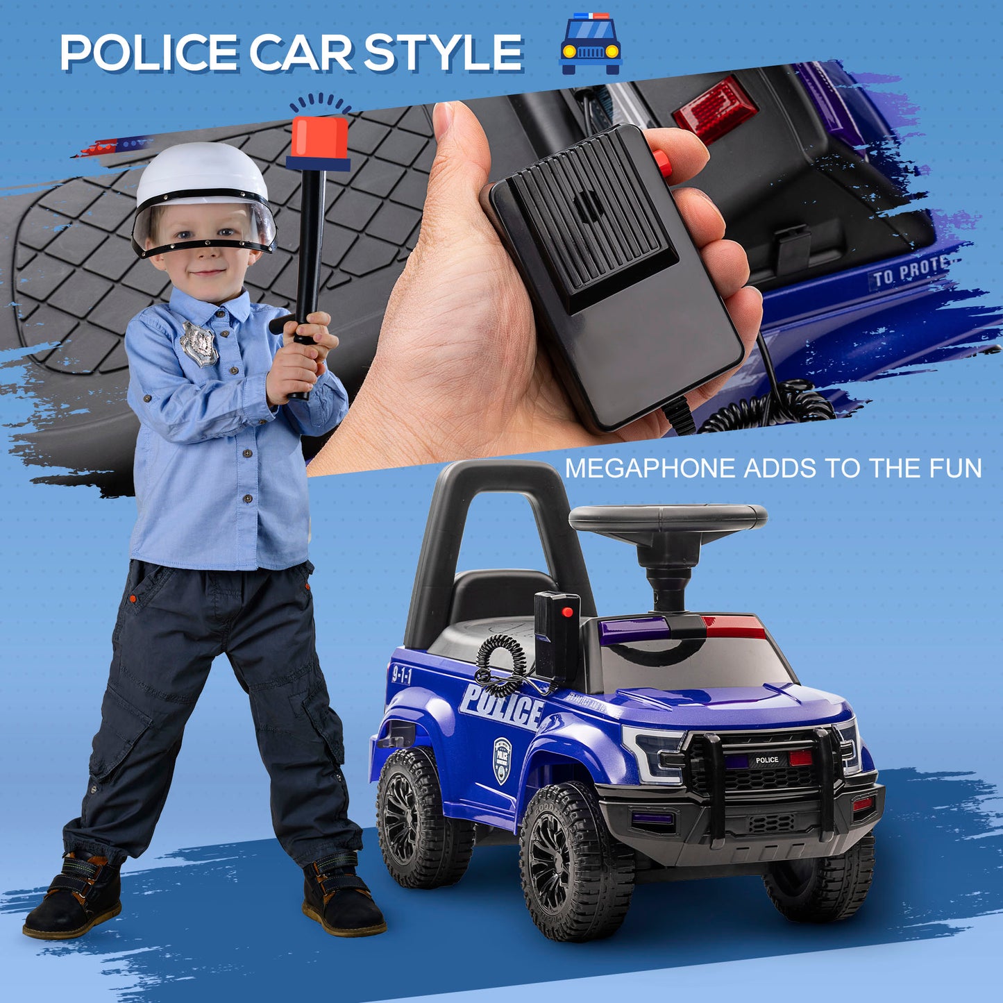 Kids Push Ride On Car With Working PA System And Horn, Police Truck Style  Foot-to-Floor Sliding Car For Boys And Girls With Under-Seat Storage, For 18 Months To 5 Years Old, Blue