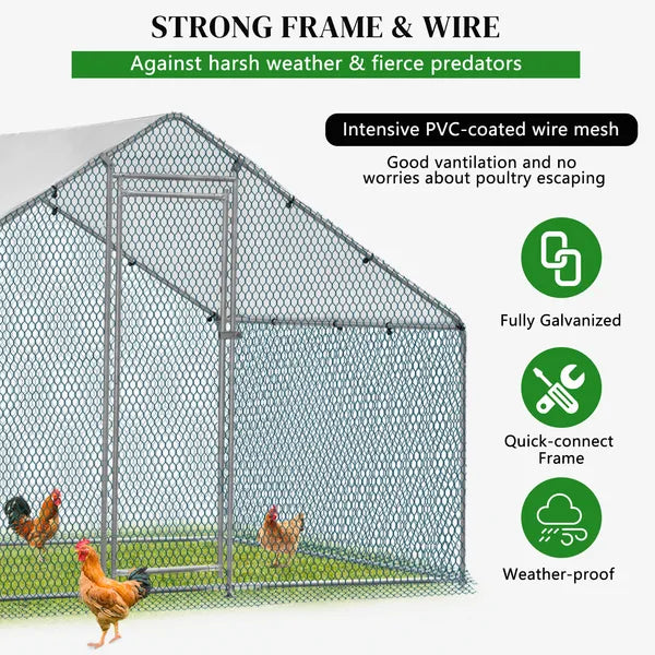 2X2X2m&6.5x6.5x6.5ft Silver Chicken Coop With Pointed Roof, 180g PE Rain Cloth, Metal Chicken And Rabbit Cage