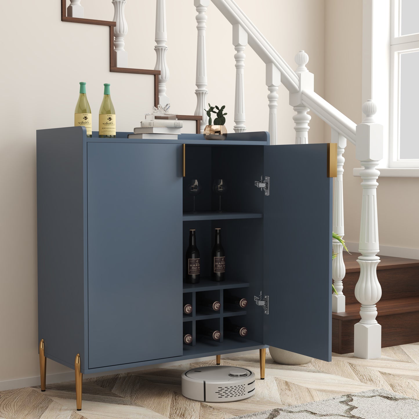 2 Doors Home Wine Bar Cabinet With Wine Rack & Adjustable Storage Shelf, Modern Sideboard With Soft-closing Hinge, Dinning Room Buffet Cabinet, Liquor Cabinet Kitchen, Living Room Coffee Cart Blue