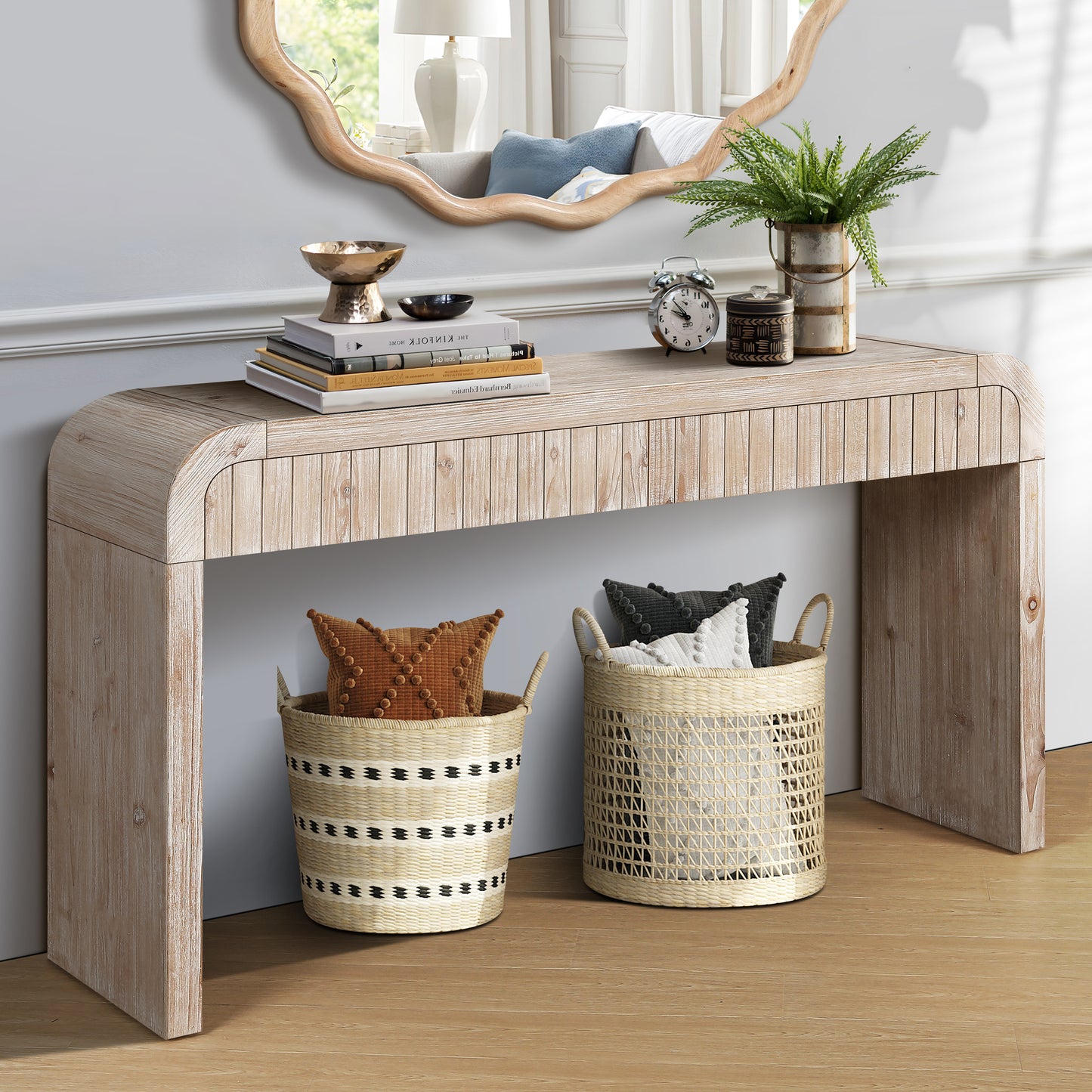 59 Vintage Crafted Entryway Table,Two Hidden Handle Drawers,Farmhouse Console Table ,Easy Assembly,for Entrance & Dinning Room & Living Room & Hallway Natural Wood Washed