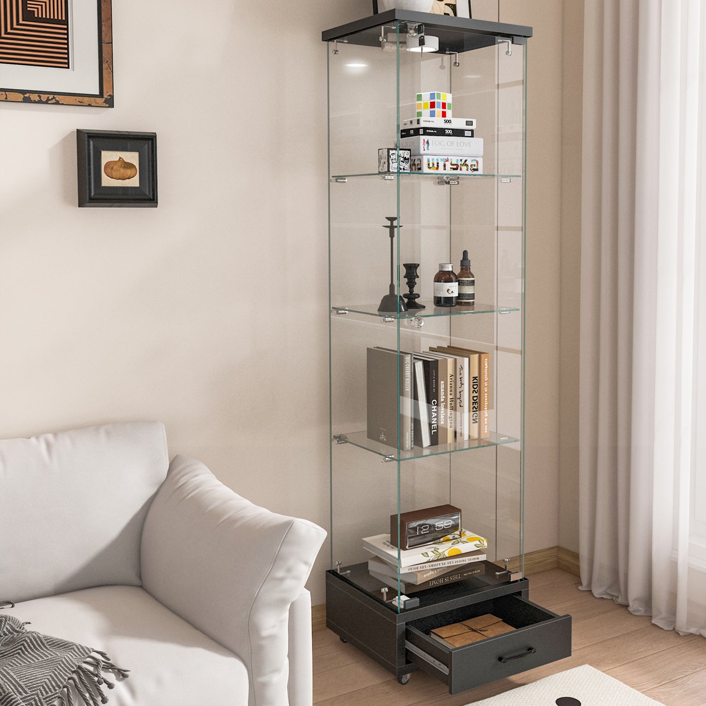 Modern Glass Display Cabinet With Drawer , Quick-assembly Antique Cabinet With LED Lights, Tempered Glass Bookshelf,  1-Door Storage Case With 4 Shelves  For Living Room And Bedroom, Black