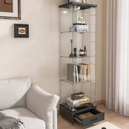 Modern Glass Display Cabinet With Drawer , Quick-assembly Antique Cabinet With LED Lights, Tempered Glass Bookshelf,  1-Door Storage Case With 4 Shelves  For Living Room And Bedroom, Black