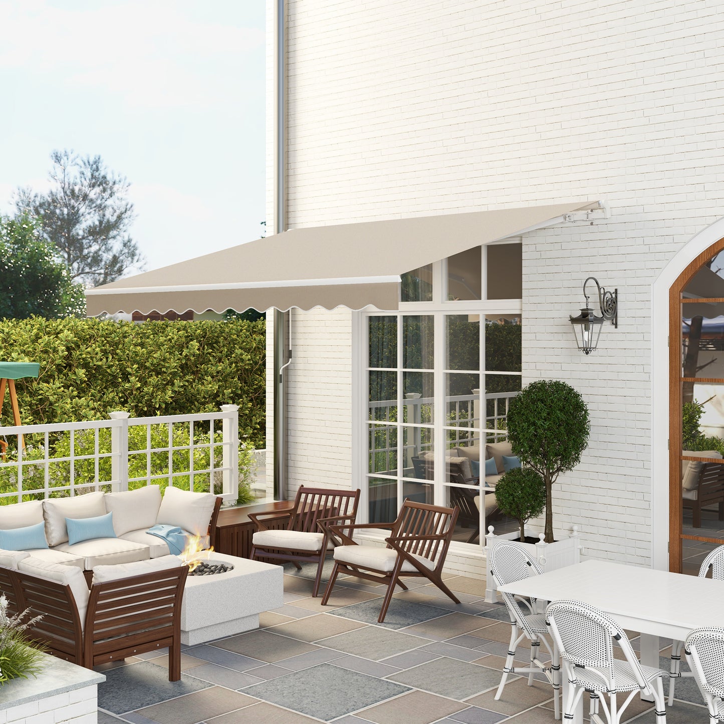 12' X 10' Retractable Awning Patio Awnings Sun Shade Shelter With Manual Crank Handle, 280g/m² UV & Water-Resistant Fabric And Aluminum Frame For Deck, Balcony, Yard, Cream White