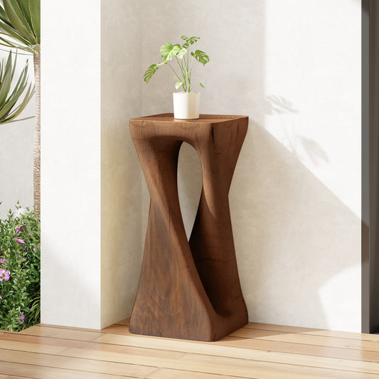 Outdoor Side Table,Twist Shape End Table,Decorative Accent Table,Garden Stool Table For Patio Balcony Beach Pool Side,Lightweight Concrete,Wood Like Texture,Antique Brown Color