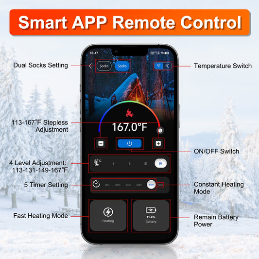 2 Types Options -- 1 Pair Of Heated Socks For Men Women Electric Heating Socks With APP Control 5000mAh Battery Rechargeable Thermal Socks Winter Warm Socks For Skiing Hiking Camping Hunting