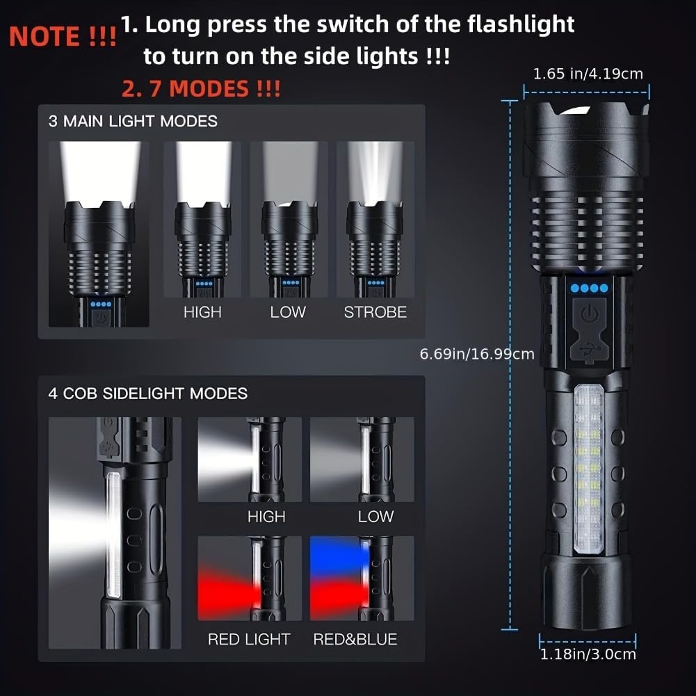 LED Super Powerful Rechargeable Torch Flood Light,Focus Adjustable Water Resistant Handheld Light For Outdoor Camping, Fishing, Hunting, Climbing, Adventure Emergency