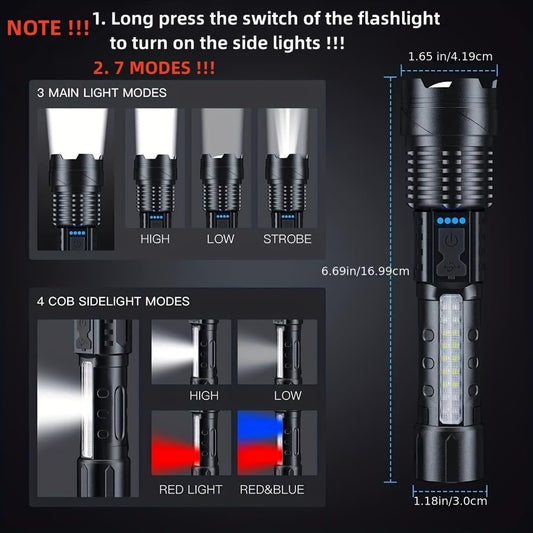 LED Super Powerful Rechargeable Torch Flood Light,Focus Adjustable Water Resistant Handheld Light For Outdoor Camping, Fishing, Hunting, Climbing, Adventure Emergency