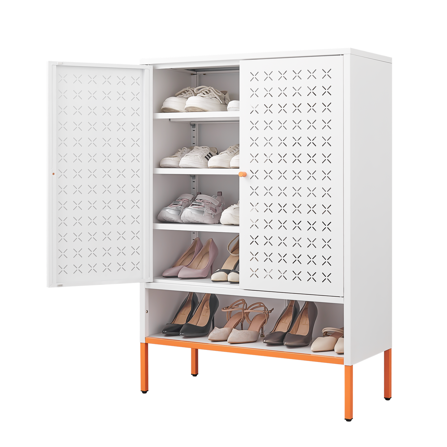 Grid Double Door Shoe Cabinet, Three Adjustable Compartments For Flexible Storage, Suspended Hollow Shoe Changing Compartment, Bottom 15cm Moisture-proof High Foot Design
