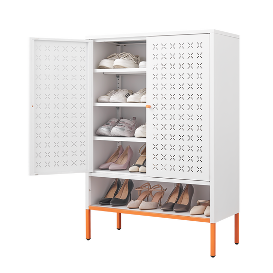 Grid Double Door Shoe Cabinet, Three Adjustable Compartments For Flexible Storage, Suspended Hollow Shoe Changing Compartment, Bottom 15cm Moisture-proof High Foot Design