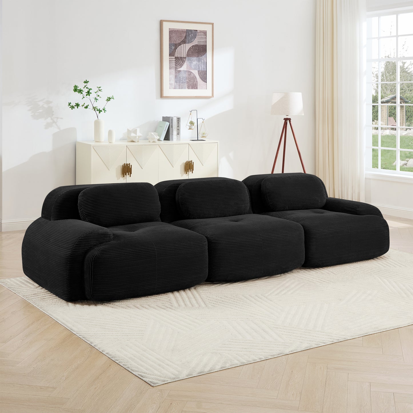 3-seat Sofa PremiumCorduroy Fabric Fabric Modular Multi-combination Anti-slip Design No Assembly Curved Armrests Ergonomic Support High-resilience Sponge For Living Rooms Bedrooms,Black